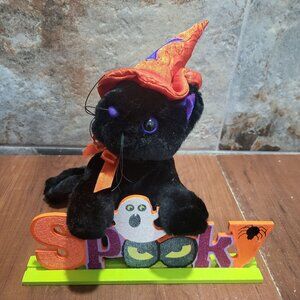 Halloween Decor Black Witch Cat Plush Wood Spooky Glitter Sign